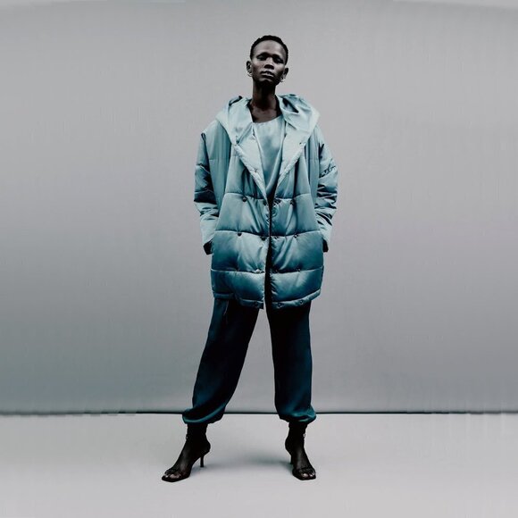 NWT Zara teal satin finish jogger trouser pants - Picture 1 of 7